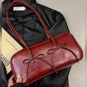 Burgundy PU Leather Bow Trim Shoulder Bag